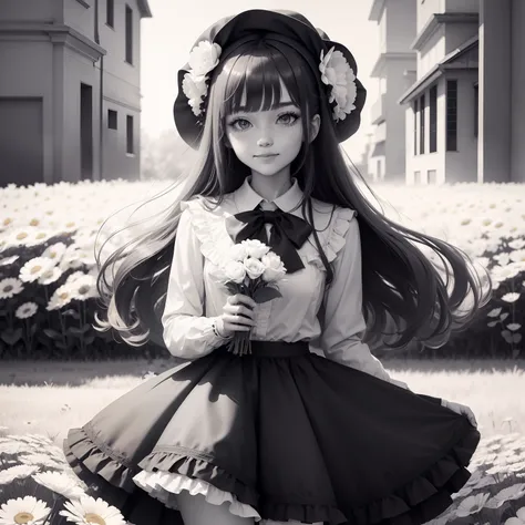 masterpiece, best quality, 1girl, solo, long_hair, looking_at_viewer, smile, bangs, skirt, shirt, long_sleeves, hat, dress, bow, holding, closed_mouth, flower, frills, hair_flower, petals, bouquet, holding_flower, center_frills, bonnet, holding_bouquet, fl...