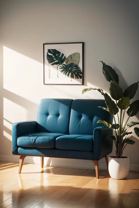 uma imagem de frente olhando uma parede com um sofa, uma mesa de cabecaira, uma planta e um quadro em cima do sofa em destaque