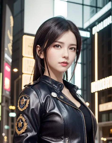 Portrait of Embhuhaiz, Beautiful face, in cyberpunk city at night. She wears a leather open jacket,lingerie, Dramatic Lighting, (police badge:1.2).Sexy female policeman