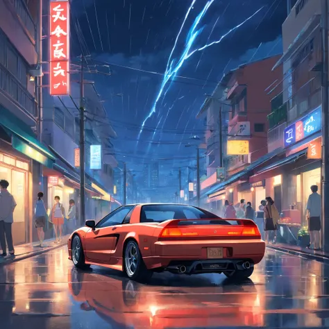 Um honda nsx 1990 cor chumbo com rodas escuras, dirigindo na cidade, chuva, noite