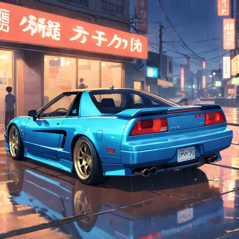 Um honda nsx 1990 cor chumbo com rodas escuras, dirigindo na cidade, chuva, noite