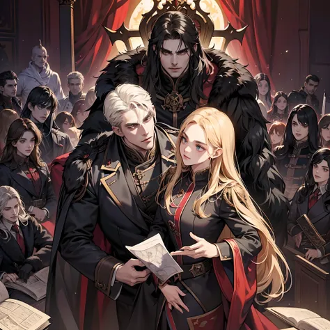 Castlevania Shadow Lord handsome muscular Lord Dracula in the throne room with his soldiers looking into Map of Conquest discussing old cinematic scrolls scenes movie Epic Legendary Perspective