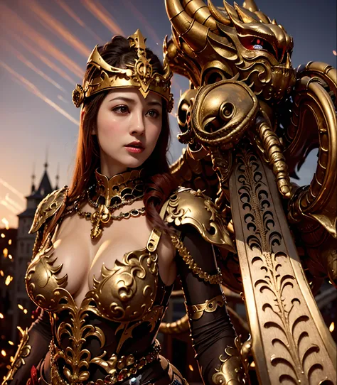 Professional , ​masterpiece、top-quality、photos realistic , depth of fields 、（Fight the Dragon Knight with the Dragon Mask）,（Dragon Black Metal Body:1.4),(Matte Black、、Light Effects、（cleavage of the breast）、（Fight dragons）、（Seductive look）、Dragon Gold Weapo...