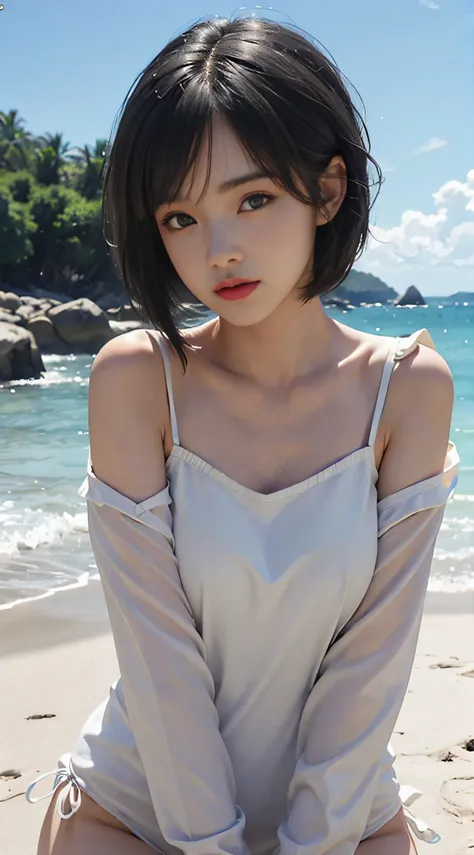 (((Masterpiece))), (((top-quality))), (((Highly detailed face))), Woman in white swimsuit with ruffles, Blue sea and white sand beach, Blue sky and summer clouds, Attractive and slender body models, (((Black hair in short bob style))), (((thick bangs))), (...