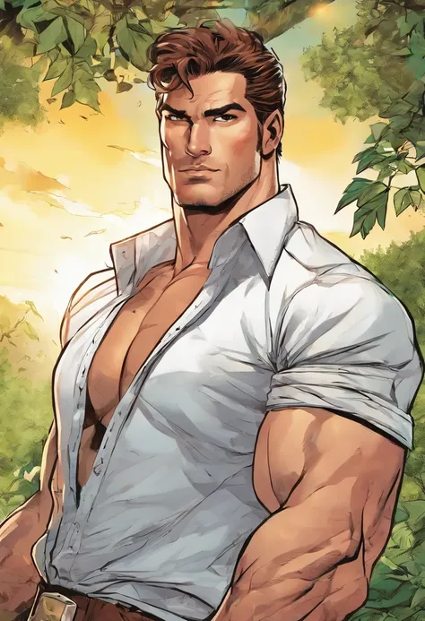 (Altas, Realistic:1.2),retrato,Man,white shirt without Mangas, musculoso, alto, Handsome, big arms, fundo da floresta