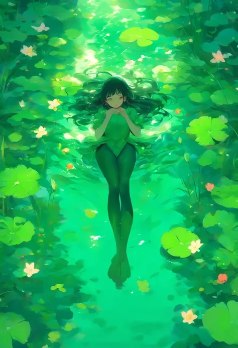 Green aquatic plants, girl floating in a flower field, Lying on a boardwalk, green waters, green waters, Plants，Black hair，Emerald green clothes，Earthy yellow wooden planks，The greatest scene, Lay down, A cena mais bonita, laying on