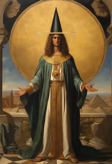 Painting by Isaac Newton with expression of astonishment, roupas de mago, Magicians hat, mystic atmosphere, Geometria sagrada, Mystery religions, hermetic, Hermetic symbols, Louve o pecado, Louve o Sol, Escondido, conspiracy, Hermetic, Geometria sagrada, m...