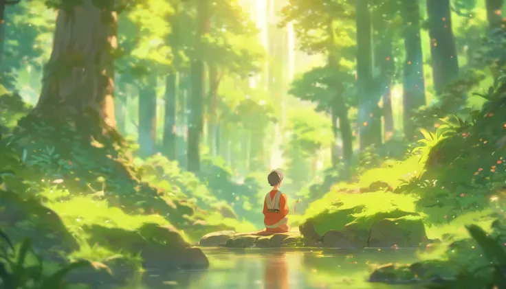 (best quality,4k,8k,highres,masterpiece:1.2),a boy meditating in a forest,serene atmosphere,natural illumination,vibrant greenery,peaceful ambiance,tranquil setting,fine art medium,detailed brushwork,majestic tall trees,gentle breeze,soft sunlight filterin...