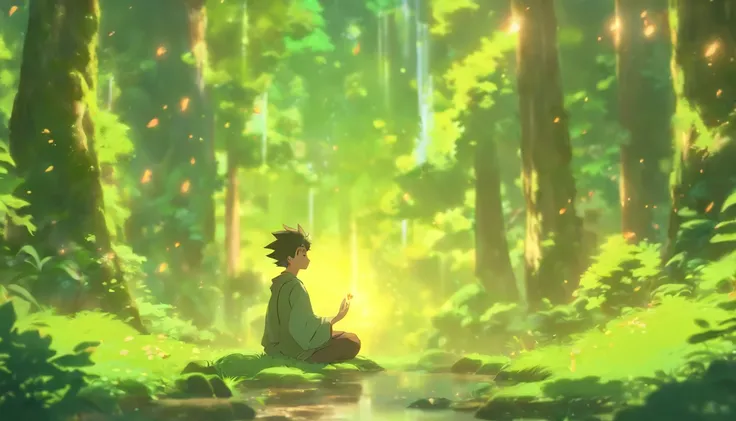 (best quality,4k,8k,highres,masterpiece:1.2),a boy meditating in a forest,serene atmosphere,natural illumination,vibrant greenery,peaceful ambiance,tranquil setting,fine art medium,detailed brushwork,majestic tall trees,gentle breeze,soft sunlight filterin...