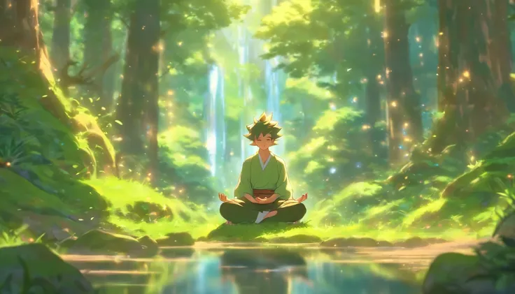 (best quality,4k,8k,highres,masterpiece:1.2),a boy meditating in a forest,serene atmosphere,natural illumination,vibrant greenery,peaceful ambiance,tranquil setting,fine art medium,detailed brushwork,majestic tall trees,gentle breeze,soft sunlight filterin...