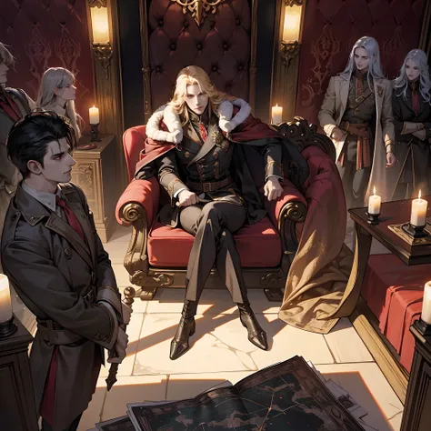 Castlevania Shadow Lord handsome muscular Lord Dracula in the throne room with his soldiers looking into Map of Conquest discussing old cinematic scrolls scenes movie Epic Legendary Perspective