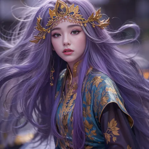 32K（tmasterpiece，k hd，hyper HD，32K）Long flowing bright purple hair，Autumn Pond，zydink， a color， Asian people （Kizi）， （Red scarf）， Combat posture， looking at the ground， long whitr hair， Floating bright purple， Fire cloud pattern gold tiara， Chinese long-sl...