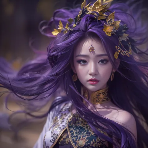 32K（tmasterpiece，k hd，hyper HD，32K）Long flowing bright purple hair，Autumn Pond，zydink， a color， Asian people （Kizi）， （Red scarf）， Combat posture， looking at the ground， long whitr hair， Floating bright purple， Fire cloud pattern gold tiara， Chinese long-sl...