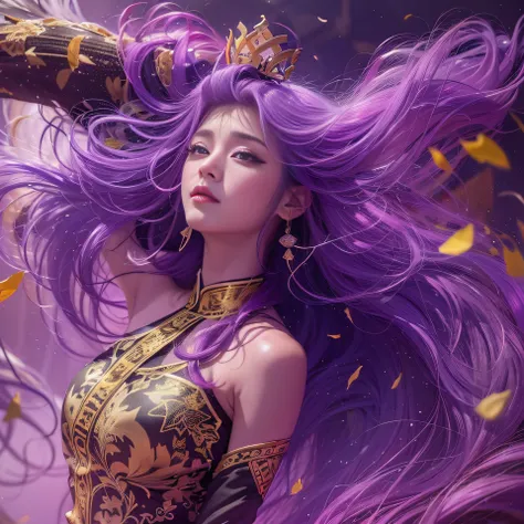 32K（tmasterpiece，k hd，hyper HD，32K）Long flowing bright purple hair，Autumn Pond，zydink， a color， Asian people （Kizi）， （Red scarf）， Combat posture， looking at the ground， long whitr hair， Floating bright purple， Fire cloud pattern gold tiara， Chinese long-sl...