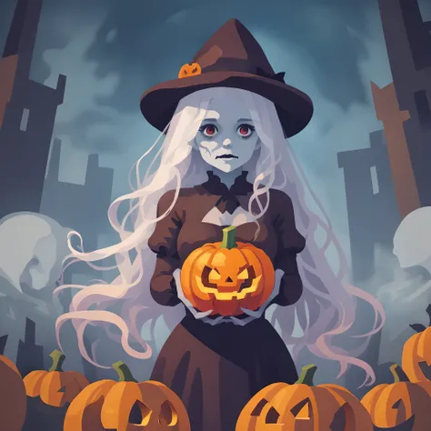 A ghost girl holding a pumpkin full of hands zombie halloween