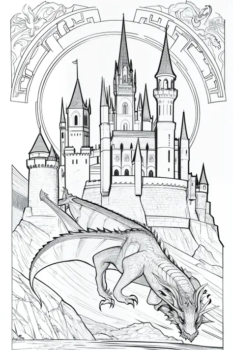 A friendly dragon flying over a castle, clean line drawing.