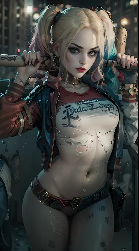 (best quality,ultra-detailed,photorealistic),(portraits,comic book style:1.1),vivid colors,(character,detailed:1.1),(lighting, dramatic:1.1),(Harley Quinn),(arrogant expression),(beautiful detailed eyes,long eyelashes),(red dyed hair in pigtails),(crazy pi...