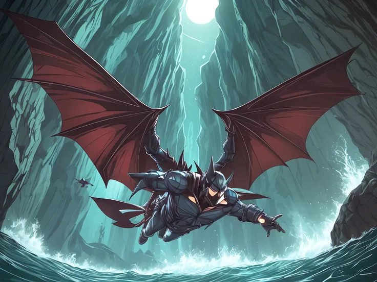 Illustration of a man with batwings flying close above the water in a dark cave --auto --s2