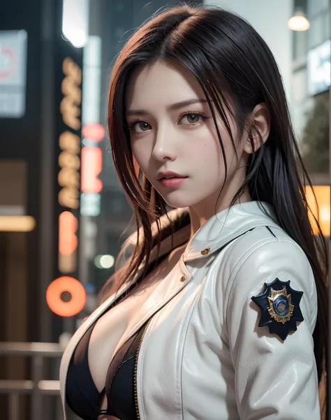 Portrait of Embhuhaiz, Beautiful face, in cyberpunk city at night. She wears a white leather open jacket,lingerie, Dramatic Lighting, (police badge:1.2).Sexy female policeman