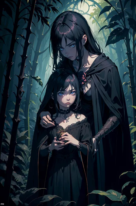 (brazilian,necromancer:1.1,boy,2girls) in a (lush,vibrant,tropical) garden,(dark magic,spooky atmosphere) creates a (sinister,mysterious) vibe. The boy has (intense,dark) eyes that seem to glow with (supernatural,powerful) energy. His beautiful detailed li...