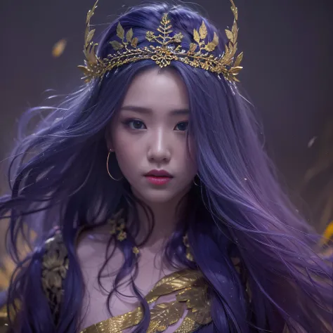 Corn flour glass 32K（tmasterpiece，k hd，hyper HD，32K）Long flowing bright purple hair，Autumn Pond，zydink， a color， Asian people （Kizi）， （Red scarf）， Combat posture， looking at the ground， long whitr hair， Floating bright purple， Fire cloud pattern gold tiara...