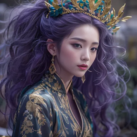 Cornmeal glass 32K（tmasterpiece，k hd，hyper HD，32K）Long flowing bright purple hair，Autumn Pond，zydink， a color， Asian people （Kizi）， （Red scarf）， Combat posture， looking at the ground， long whitr hair， Floating bright purple， Fire cloud pattern gold tiara， ...