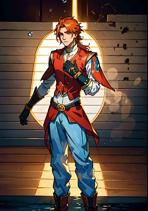 A young man with bright orange hair, clear and bright eyes, a delicate face, an innocent expression, wears a two-piece fantasy-style outfit in red and blue, a simple yet elegant design, the outfit featuring intricate twisted patterns, matching pants and bo...