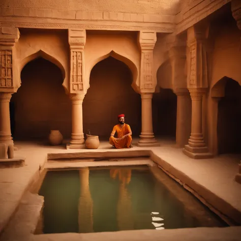 Create an image of the magnificent Great Bath of Mohenjo-Daro during its prime, with people from the Indus Valley Civilization enjoying the clean and advanced plumbing system.