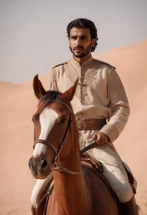 ramatic image of Khalid bin Waleed on horseback, sword raised, use face of (lora:ostad)