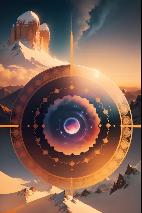 create an illustration of A mandala, rodeada por uma paisagem de picos nevados, o sol nascendo no horizonte, Creating golden tones in the sky, an atmosphere of peace and spiritual enlightenment, illustration, watercolor technique, --AR 16:9 --V 5