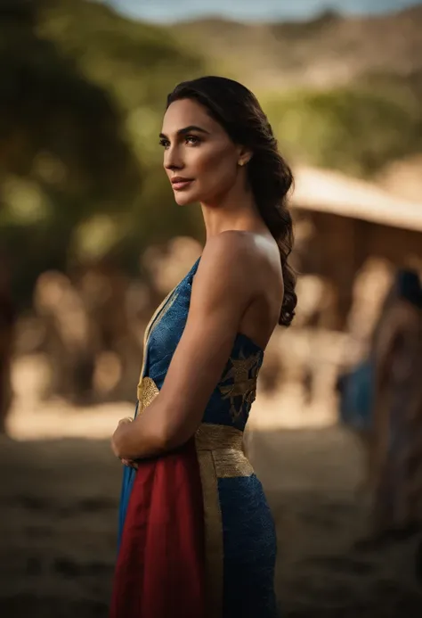 al Gadot com as cores da bandeira do brasil perto da bandeira do Brasil.