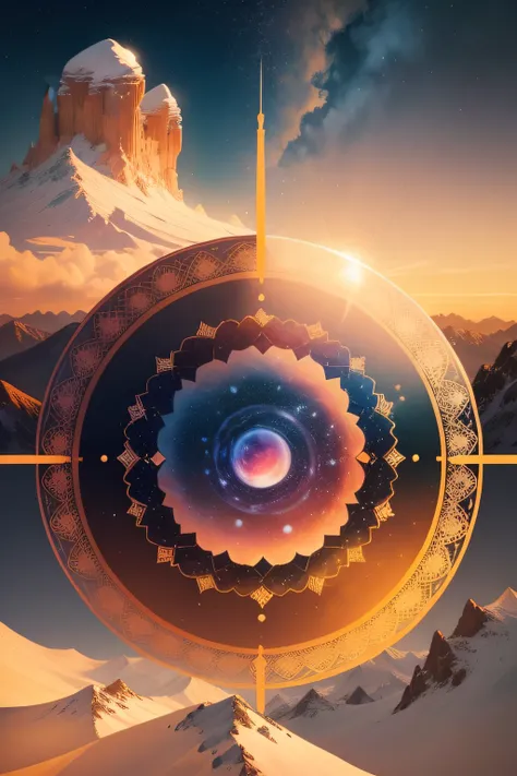 create an illustration of A mandala, rodeada por uma paisagem de picos nevados, o sol nascendo no horizonte, Creating golden tones in the sky, an atmosphere of peace and spiritual enlightenment, illustration, watercolor technique, --AR 16:9 --V 5