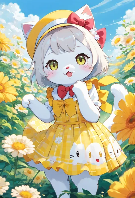 a cute adorable white cat, hello kitty style inspiration, wearing a yellow gingham dress, an hisbiscus flower in the style of a hat, beautiful wide eyes with hearts, surrounded with flowers, 2d, childrens coloring book, thick lines, vector art, pen art, be...