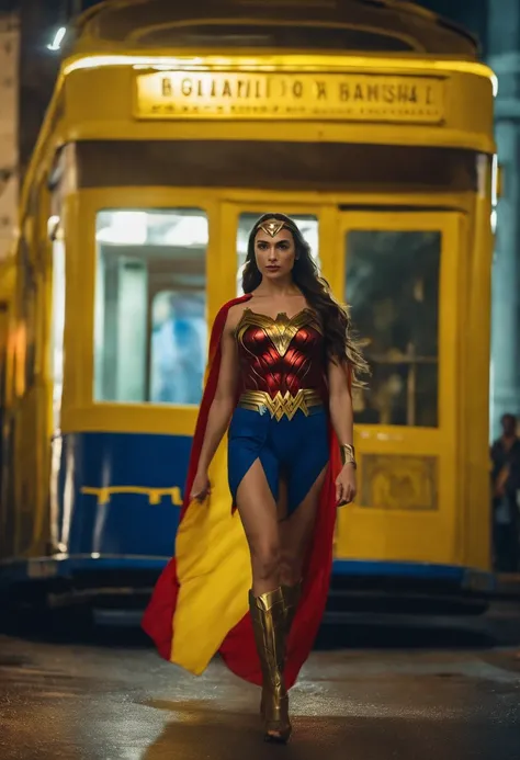 Gal Gadot vestida de mulher maravilha com bandeira do Brasil. No fundo a cidade do rio de janeiro.