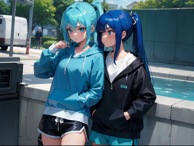 A serious girl,Aqua Blue Hair, Aqua blue eyes, Long Hair, Single Pony Tail, Wearing a Comfortable Hoodie and tracks and Shorts