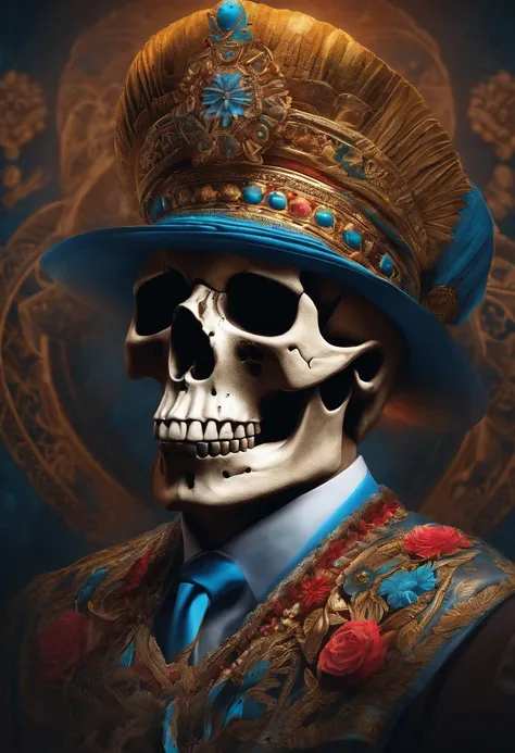 brightly colored skull with a blue tie dye background, ( ( god king of ai art ) ), aztec skull, sacred skull, glowing aztec tattoos, day of all the dead, el dia los muertos!, dia de los muertos. 8 k, el dia los muertos, god king of ai art, calavera, dia de...