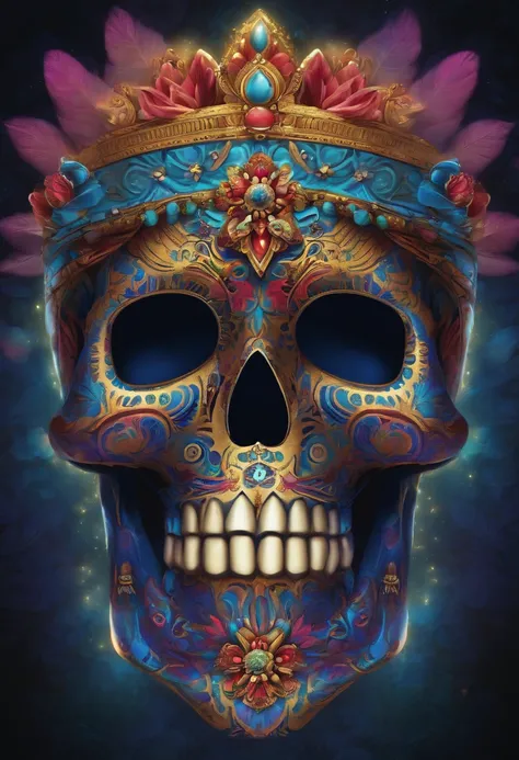 brightly colored skull with a blue tie dye background, digital art by Jon Coffelt, tumblr, digital art, ( ( god king of ai art ) ), aztec skull, sacred skull, glowing aztec tattoos, day of all the dead, el dia los muertos!, dia de los muertos. 8 k, el dia ...