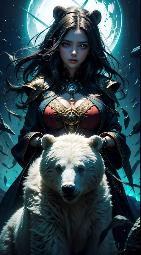 A crystal castle sealed in a magic book,Blood,Night, Dark, (fantasy),unlimited,Deep blue sky,The abyss of knowledge,cowl,((masutepiece)), (((Best quality))),((Beautiful fine eyes)),(eyeslashes)、(((Beautiful girl riding a huge white bear)))、(1 rapariga)、The...