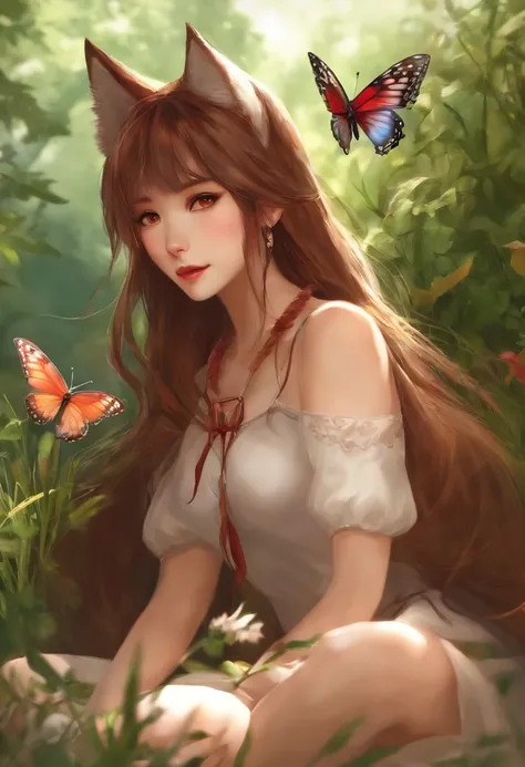 masterpiece,best quality, 1girl, solo, slight smile, slight smile, cherry, sunlight dapple, butterfly, grass animal ears,wolf ears,long hair, tail, wolf tail, red eyes, wolf girl,brown hair,,