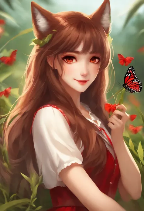 masterpiece,best quality, 1girl, solo, slight smile, slight smile, cherry, sunlight dapple, butterfly, grass animal ears,wolf ears,long hair, tail, wolf tail, red eyes, wolf girl,brown hair,,