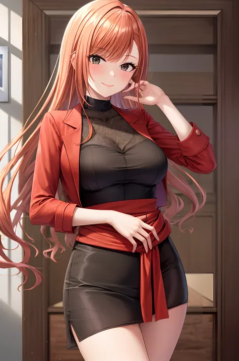 masterpiece, best quality, arisugawa natusha, 1girl, solo, standing, smile, bangs, indoors, long hair, orange hair, looking at viewer, red jacket, black dress, hands on waist, blurry background, medium breasts,