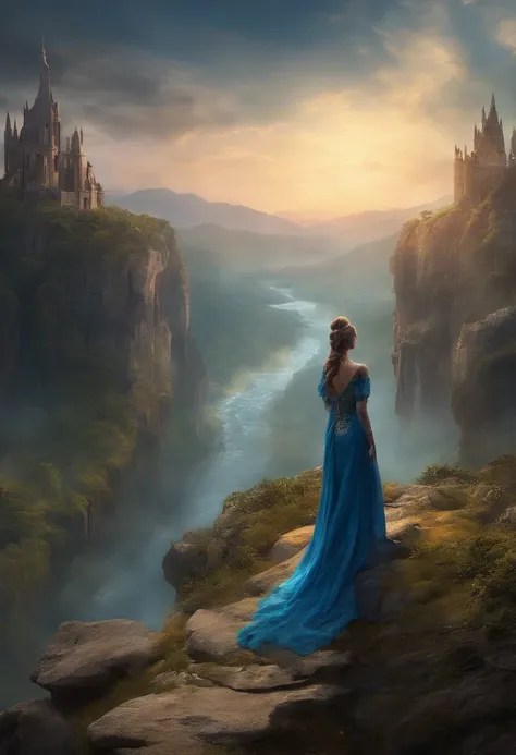 arafed woman in blue dress standing on a cliff overlooking a river, cinematic photograph concept art, dramatic cinematic shot, dark fantasy mixed with realism, dark fantasy atmosphere, eerie moorlands behind her, intricate and epic composition, dramatic ma...