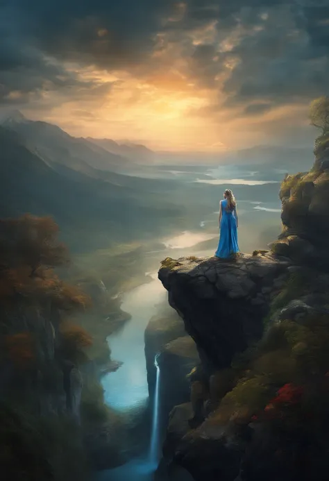 arafed woman in blue dress standing on a cliff overlooking a river, cinematic photograph concept art, dramatic cinematic shot, dark fantasy mixed with realism, dark fantasy atmosphere, eerie moorlands behind her, intricate and epic composition, dramatic ma...