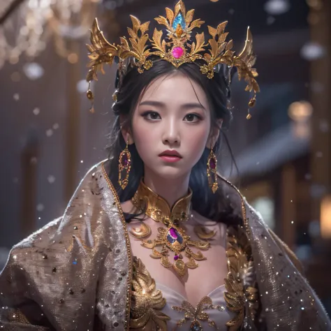 32K（tmasterpiece，k hd，hyper HD，32K）short detailed hair，Gold jewelry area in the back room，Flame Girl ，Yao Lang protector （realisticlying：1.4），Python pattern robe，Purple-pink tiara，Snowflakes fluttering，The background is pure，Hold your head high，Be proud，Th...