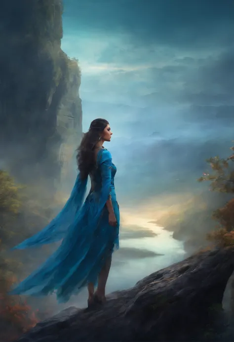 arafed woman in blue dress standing on a cliff overlooking a river, cinematic photograph concept art, dramatic cinematic shot, dark fantasy mixed with realism, dark fantasy atmosphere, eerie moorlands behind her, intricate and epic composition, dramatic ma...