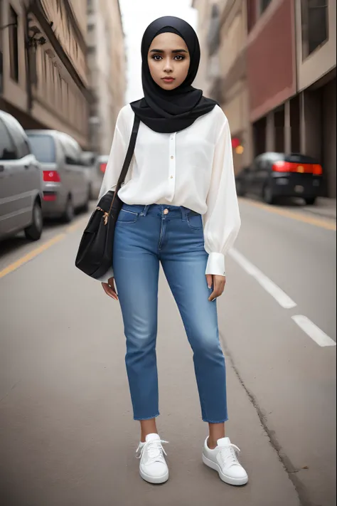 Woman, 20 years old, light skin, brown eyes, black hair, defined face, beautiful face, big eyes, delicate skin, white blouse, jean pants, sneakers, comfortable shoes, headscarf, headdress 4k image, sharp quality, sharp quality, head, photography, professio...