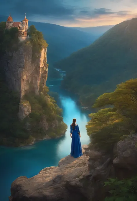 arafed woman in blue dress standing on a cliff overlooking a river, cinematic photograph