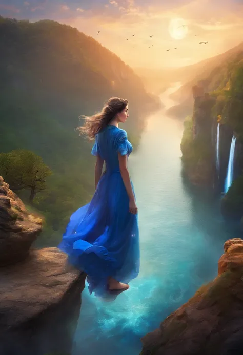 arafed woman in blue dress standing on a cliff overlooking a river, cinematic photograph