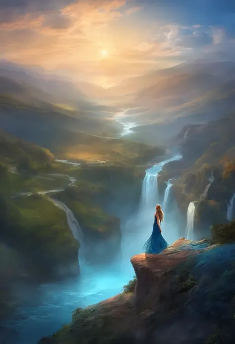 arafed woman in blue dress standing on a cliff overlooking a river, cinematic photograph