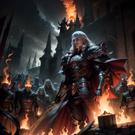 Castlevania Hyper Realistic Shadow Lord Super Detailed High Quality Masterpiece Lord Dracula leading an army of demons surrounding the hyper realistic burning fire